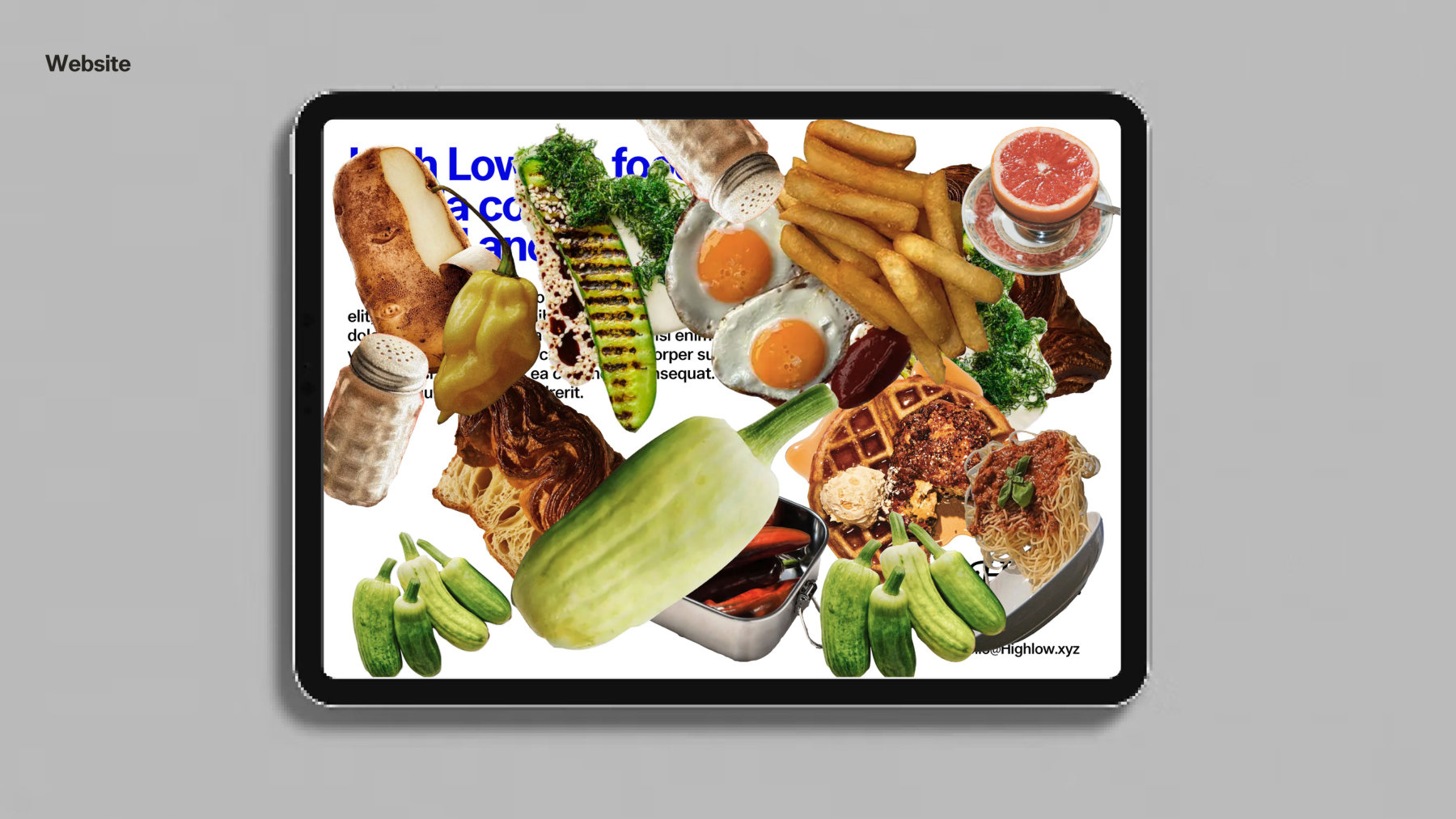 High Low website slide with food cutouts surrounding a laptop mockup