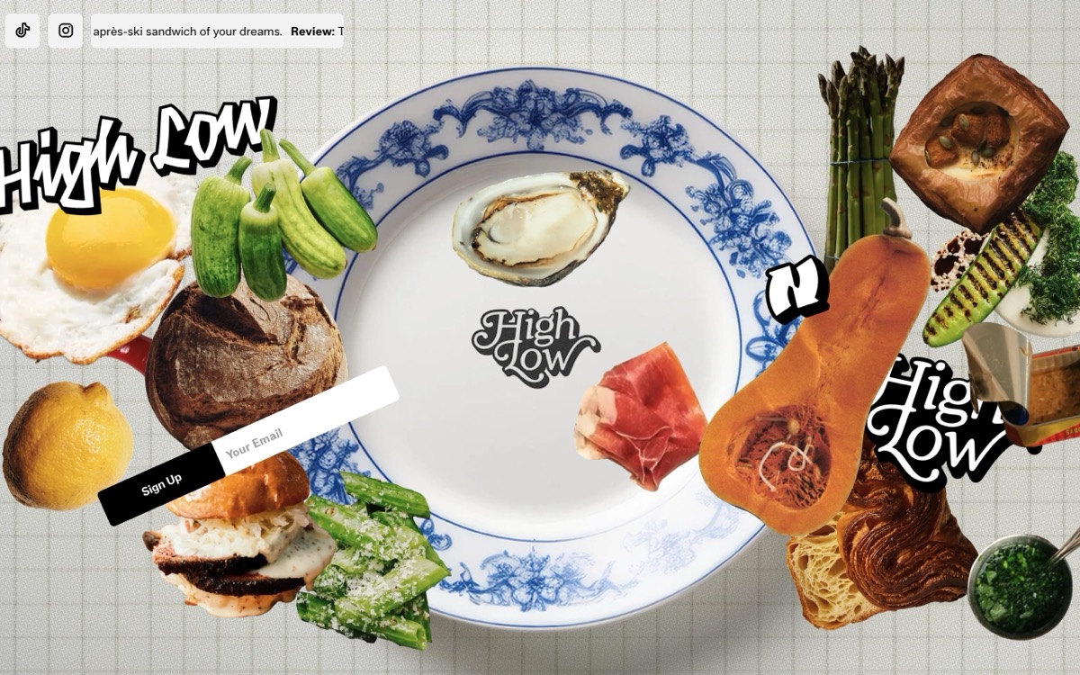 Screenshot of the HighLow homepage with food cutouts around a plate